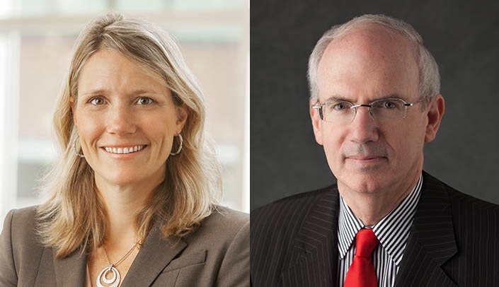 From left, Jill Poole, M.D., allergist/immunologist and professor in the UNMC Department of Internal Medicine Division of Pulmonary, Critical Care, Sleep and Allergy, and UNMC Chancellor Jeffrey P. Gold, M.D.