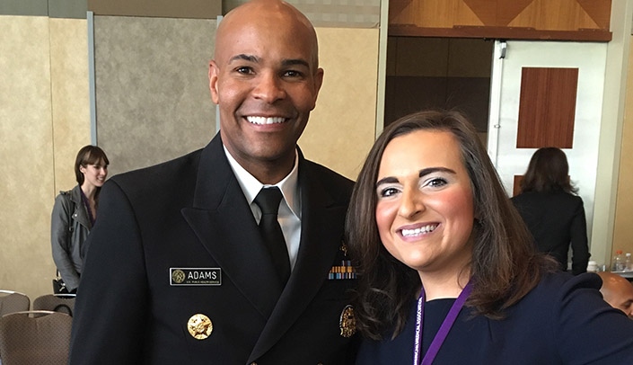 Vice Admiral Jerome Adams, M.D. (left), the U.S. surgeon general, with Alëna Balasanova, M.D., of UNMC.