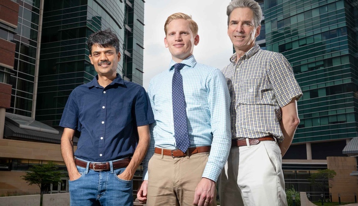 The three lead researchers for UNMC were (left-right) Channabasavaiah (Guru) Gurumurthy, Ph.D., Justin Grassmeyer, Ph.D., and Wallace Thoreson, Ph.D.