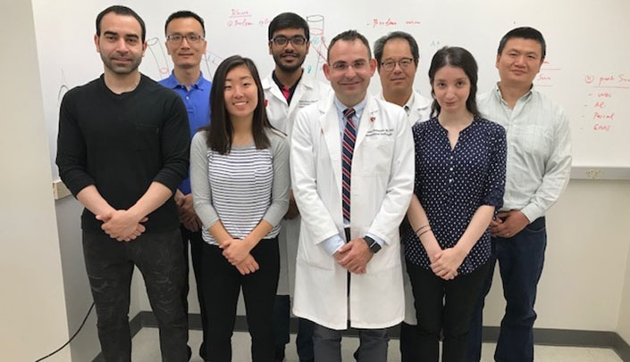 The UNMC team members trying to design better stents include: Front row (left to right) Alireza Karimi, Ph.D., Julia lee, Yiannis Chatzizisis, M.D., Ph.D., and Natalia Georgantzoglou, M.D. Back row - Shijia Zhao, Ph.D., Mohammed Riaz Ur Rehman, Martin Liu, M.D., Ph.D., and Wei Wu, Ph.D.