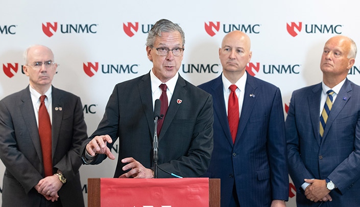 From left, UNMC Chancellor Jeffrey P. Gold, M.D., Ken Zoucha, M.D., associate professor of psychiatry and director of the addiction division at UNMC, Gov. Pete Ricketts and Nebraska Attorney General Doug Peterson at Monday's press conference.