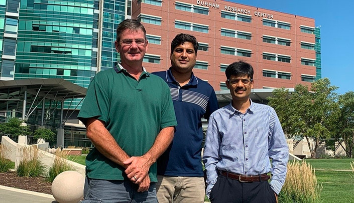From left, the UNMC gene editing team includes Donald Harms, Rolen Quadros and Channabasavaiah Gurumurthy, Ph.D.