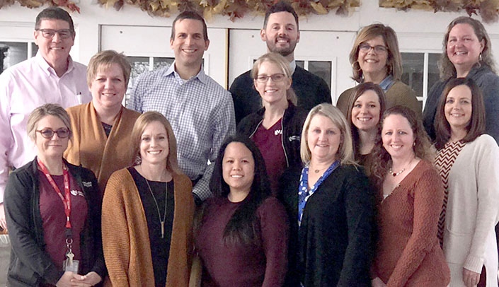 Members of the UNMC/Nebraska Medicine team providing clinical care to cystic fibrosis patients include: Front Row (left-right) - Jill Rollins, Heidi Klasna, Meilinh Thi, D.O., Jill Fliege and Stacy Millikan; Middle Row - Janelle Sorensen, Sandy Wahl, Cristine Batten and Jennifer Rounds; Back Row - Peter J. Murphy, M.D., John Dickinson, M.D., Ph.D., Joseph Poler, Psy.D., Molly Stirek and Laura Romero.