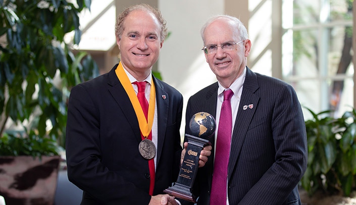 From left, Ronald Krueger, M.D., the McGaw Professor and chairman of the UNMC Department of Ophthalmology and Visual Sciences and director of the Truhlsen Eye Institute, and UNMC Chancellor Jeffrey P. Gold, M.D.