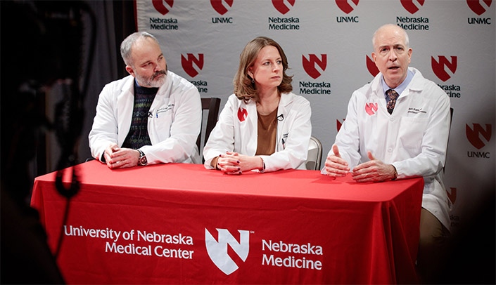 From left, James Lawler, M.D., co-director of the Global Center for Health Security, Angela Hewlett, M.D., medical director of the Nebraska Biocontainment Unit, and Mark Rupp, M.D., chief of the UNMC Division of Infectious Diseases, spoke last week to the press about the Wuhan coronavirus.