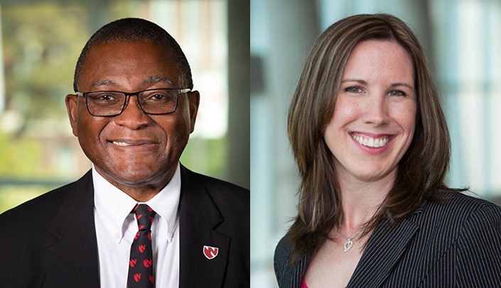 From left, Dele Davies, M.D., senior vice chancellor for academic affairs, and Heidi Keeler, Ph.D., director of the Office of Community Engagement