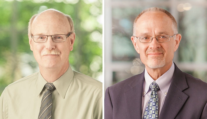 Jeff Harrison, MD (right), is the new chair of UNMC Department of Family Medicine. He succeeds Michael Sitorius, MD (left), who held the post for 30 years.