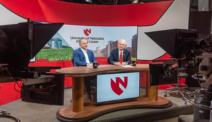From left, James Lawler, M.D., and Chancellor Jeffrey P. Gold, M.D., on the set of "Rural America Live."