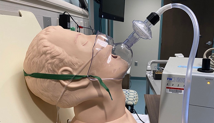 The infectious aerosol capture mask is a new protective device developed by Steven Lisco, M.D., chair of the UNMC Department of Anesthesiology.