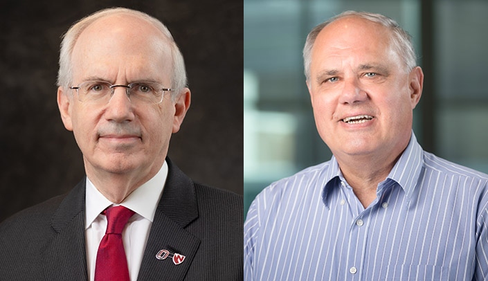 From left, Chancellor Jeffrey P. Gold, MD, and Ted Cieslak, MD, interim executive director for health security, will speak at today's forum.