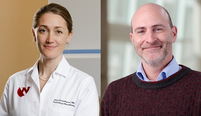 Jana Broadhurst, MD, PhD, assistant professor of pathology and microbiology in the UNMC College of Medicine, and David Brett-Major, MD, professor of epidemiology in the UNMC College of Public Health