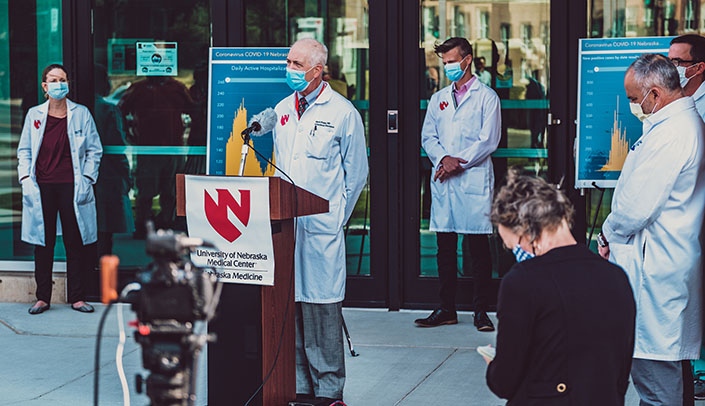 Mark Rupp, MD, chief of the UNMC Division of Infectious Diseases, was one of the med center experts who spoke at the Monday afternoon press conference.