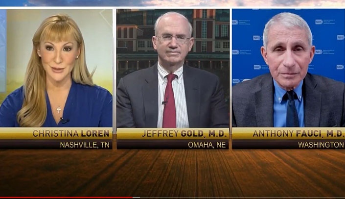 From left, RFD-TV's Christina Loren, Chancellor Jeffrey P. Gold, MD, and Anthony Fauci, MD, on "Rural America Live."