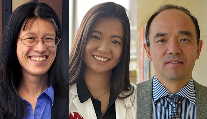 Panelists at the event included, from left, Yun Saksena, DMD, Linda Huynh, and Dejun Su, PhD. Not pictured are panelists Bo Chao and Sharon Ishii-Jordan, PhD.