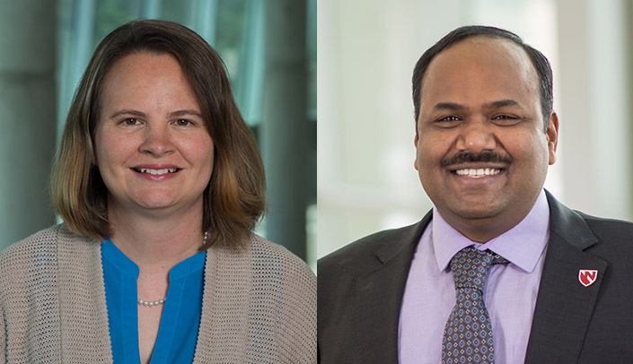 From left, Elizabeth Beam, PhD, and Siddappa Byrareddy, PhD