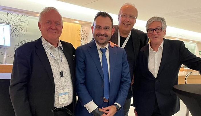 From left&colon; Yves Louvard&comma; MD&comma; Yiannis Chatzizisis&comma; MD&comma; PhD&comma; Thierry Lefevre&comma; MD&comma; and Bernard Chevalier&comma; MD&comma; at the annual international conference of the European Bifurcation Club&period;