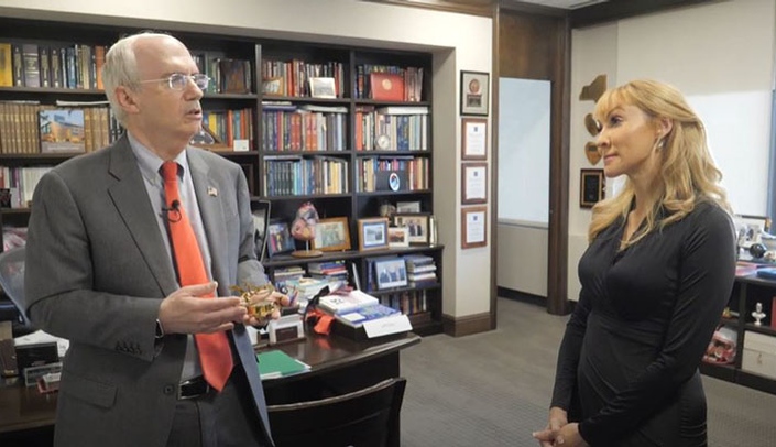 UNMC Chancellor Jeffrey P. Gold, MD, speaks with Christina Loren, host of RFD-TV's "The Rural Americans."