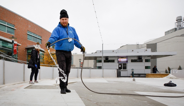 Mick Ridgway, the ice rink manager, preps the rink.