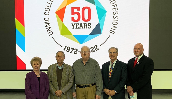 From left, Associate dean emeritus Mary Haven, representing the Gilg Scholarship, and O'Malley trustees Neal Brown, Richard Kelly and Brian O'Malley, and D.J. Thayer, representing the Thayer Family Scholarship.