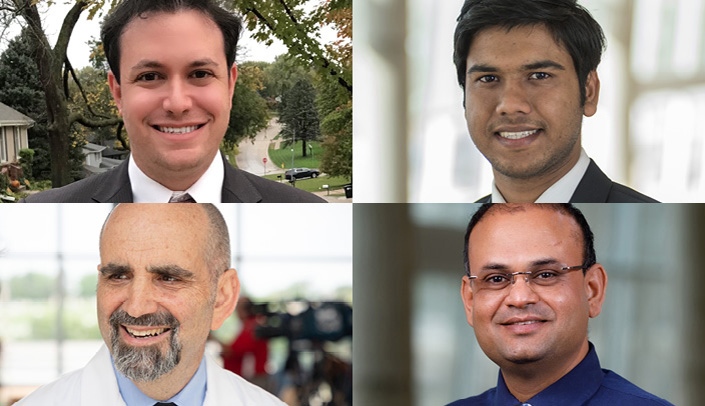 Clockwise from top left, Jonathan Herskovitz, PhD, Mahmudul Hasan, Bhavesh Kevadiya, PhD, and Howard Gendelman, MD