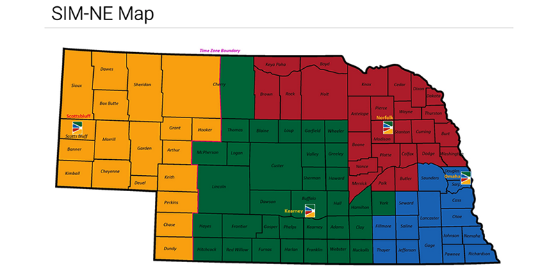 A color-coded map of Nebraska shows the primary service areas of each SIM-NE truck.