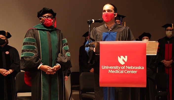 Swagat Sharma, PhD, with Dr. Davies, left, conducted the student-led invocation.