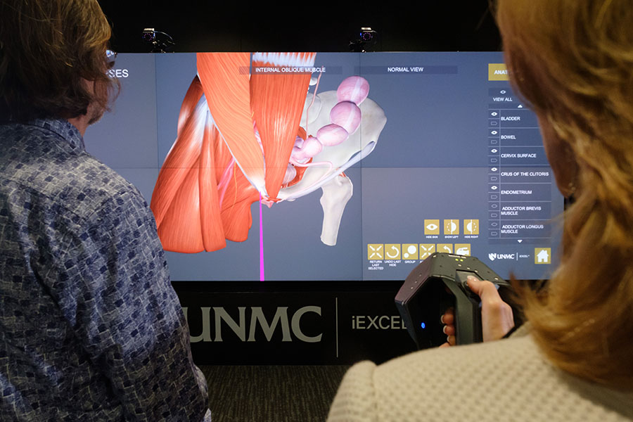 Dr. Jennifer Cera uses a control box to guide her way through an interactive model of the female pelvis.