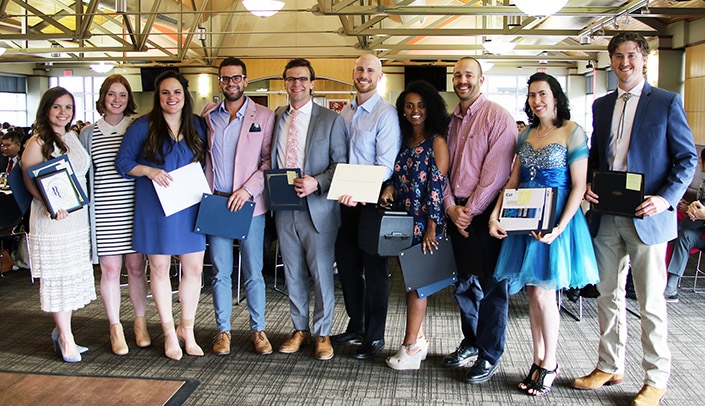 From left, senior dental student award winners Jordan Verplank, Logan Lawrence, Shelby Rose, William "Brant" McNew, Alec Maly, Andrew Egger, Selam Carlson, Jason Jurca, Karla Mejia and Evan McGowan at the Senior Salute Celebration.