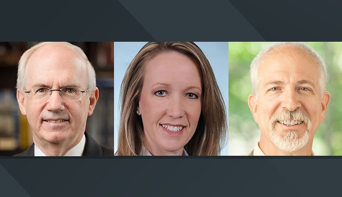 Chancellor Jeffrey P. Gold, MD, Anne Barnes, UNMC's new vice chancellor for business, finance and business development, and Mark Rupp, MD, chief of the UNMC Division of Infectious Diseases