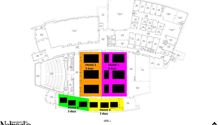 The Truhlsen Events Center work will be divided into the above phases to limit closures and disruptions to traffic flow.