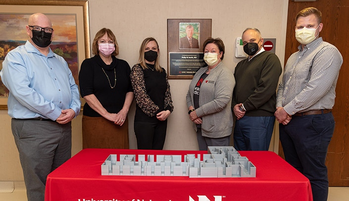 From left, Brian Maass of the Maker Studio, Kathleen Boulter, Angela Vasa, Cheryl Rand, James Lawler, MD and Jackson Gruber of the Nebraska BIocontainment Unit and the Global Center for Health Security.