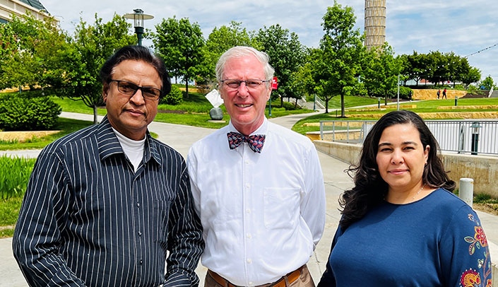From left, Shrawan Kumar, PhD, Maurice Godfrey, PhD, and Liliana Bronner, director of medical pathways in the UNMC College of Medicine DEI Office