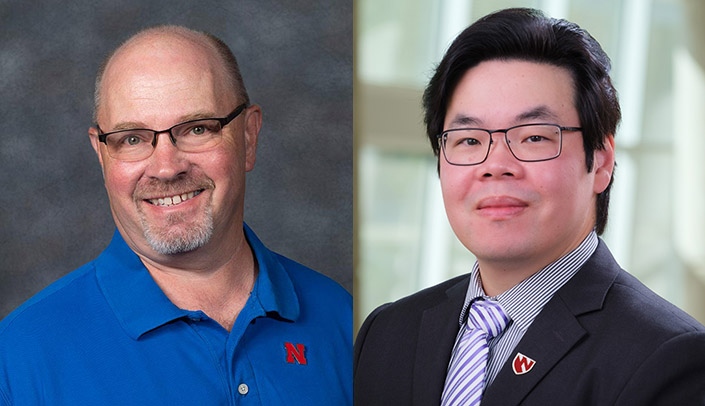 From left, Kurt Palik, PhD, of the University of Nebraska-Lincoln, and Thang Nguyen, PhD, of the UNMC Department of Emergency Medicine