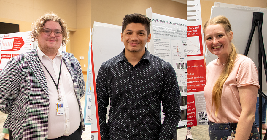 Three undergrad students were mentored by College of Public Health staff during the 2022 Summer Undergraduate Research Program. Ethan Sajko (left), Mohammad Salimi (middle) and Gabrielle Estep (right)
