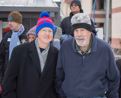 UNMC neurologist John Bertoni, M.D., Ph.D. (left) with one of his Parkinson's patients Roger Palmer, who skated a lap around the UNMC Ice Rink as part of the opening ceremonies.