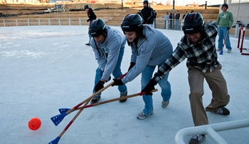 Some on-ice action from a previous year's broomball league.