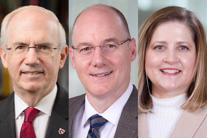 UNMC Chancellor Jeffrey P&period; Gold&comma; MD&comma; Ken Bayles&comma; PhD&comma; UNMC’s new vice chancellor for research&comma; and Jane Meza&comma; PhD&comma; interim executive director for health security for UNMC