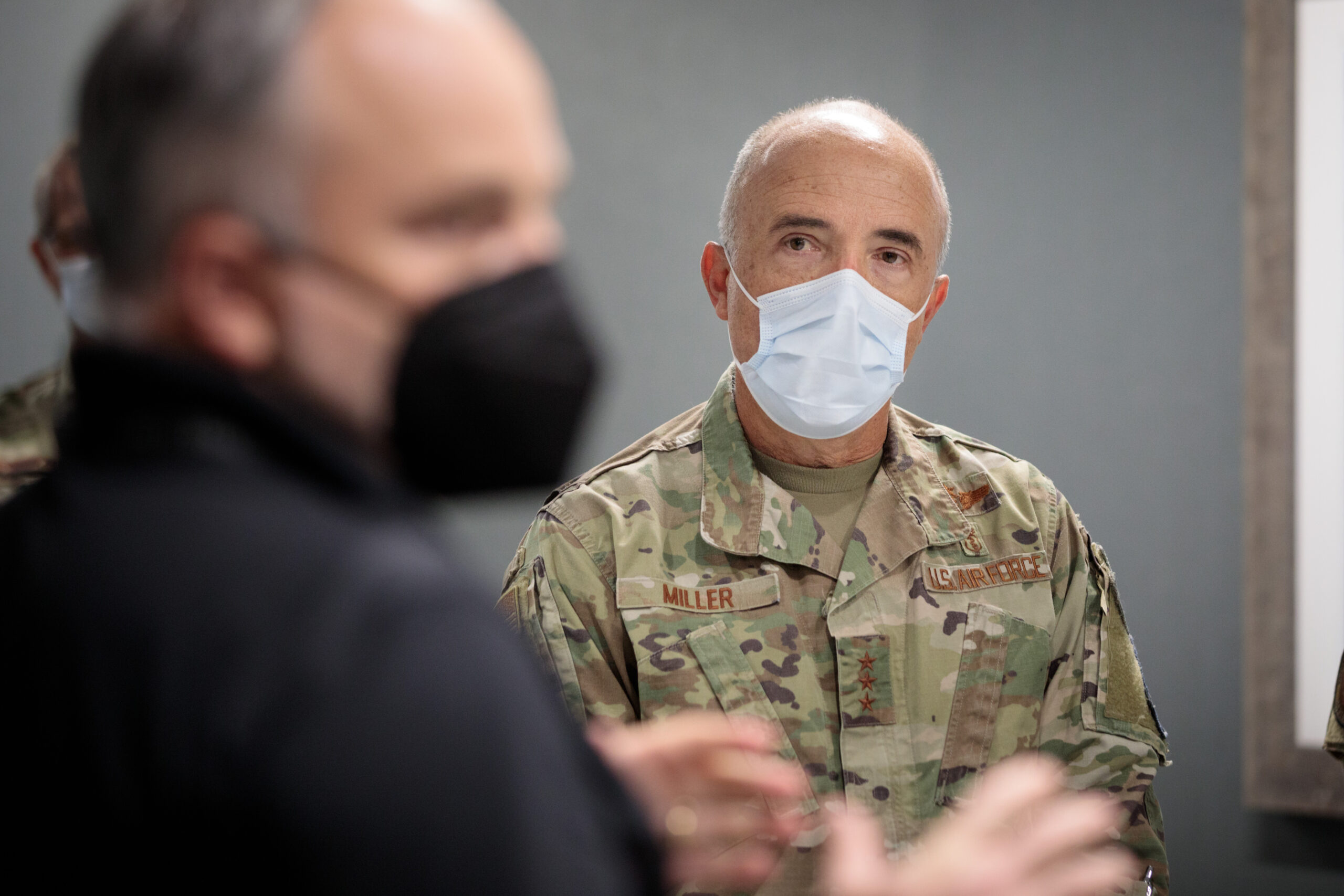 At right&comma; Lieutenant General Robert Miller&comma; MD&comma; surgeon general of the U&period;S&period; Air Force&comma; listens to UNMC&apos;s James Lawler&comma; MD&comma; during a tour of the Davis Global Center and iEXCEL program&period;