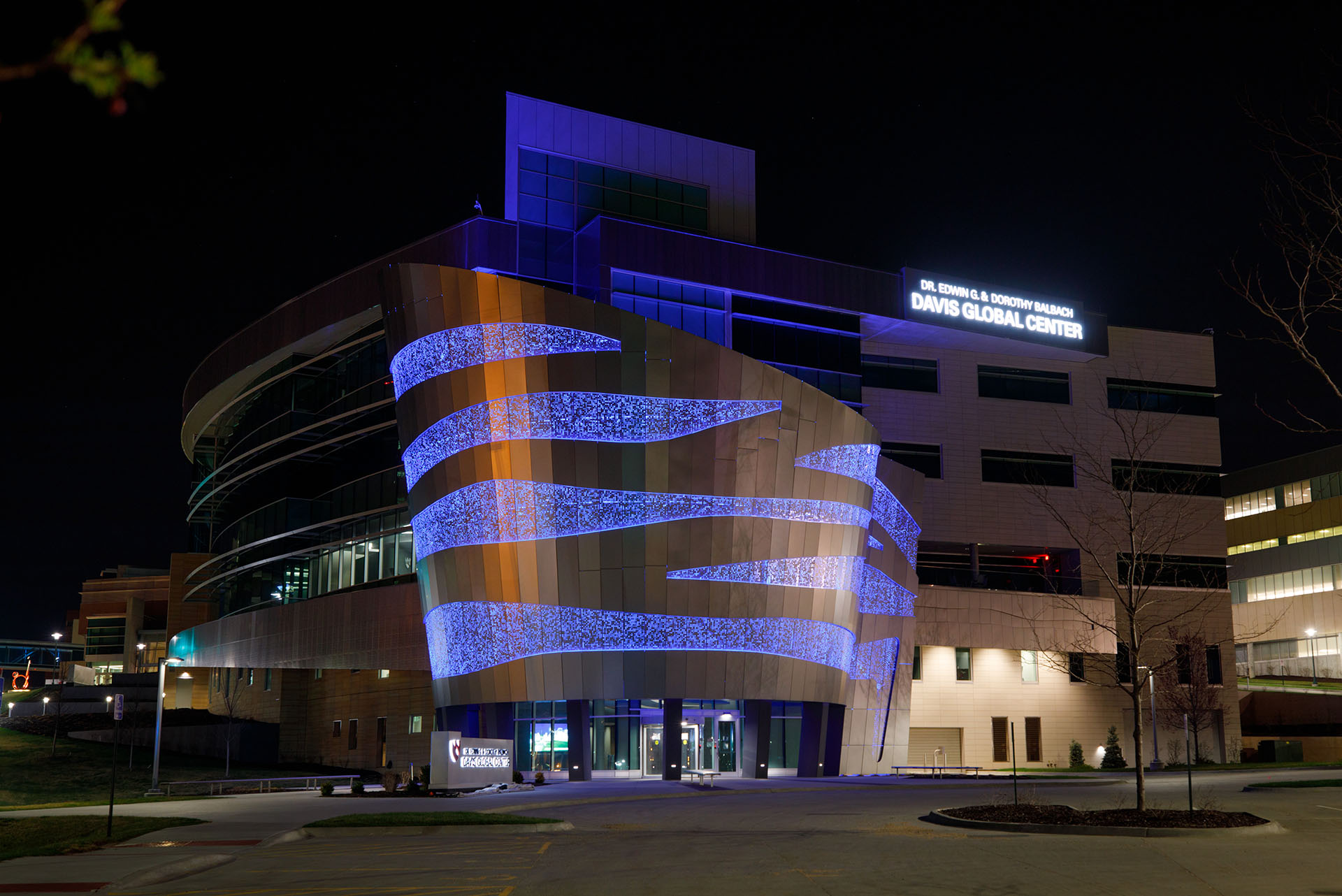 Dr&period; Edwin G&period; & Dorothy Balbach Davis Global Center lit up in blue on April 2&comma; 2021&comma; to celebrate World Autism Day&period;