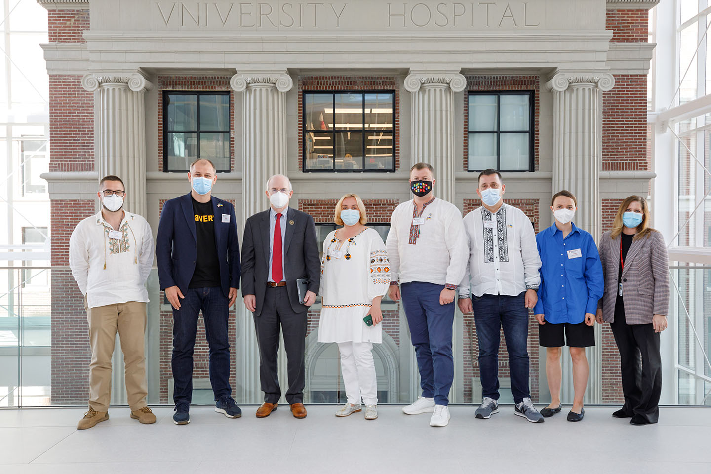 Medical personnel from Ukraine met with UNMC chancellor Jeffrey P&period; Gold&comma; MD&comma; and Jane Meza&comma; PhD&comma; associate vice chancellor for global engagement&comma; on the balcony of the Wigton Heritage Center atrium on Sept&period; 26&period;