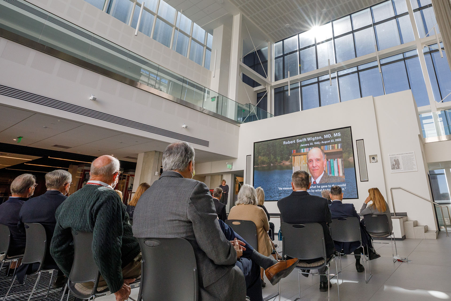 The celebration of life for Robert Wigton&comma; MD&comma; was held in the sunlit Olson Atrium inside the Wigton Heritage Center on Oct&period; 17&period;