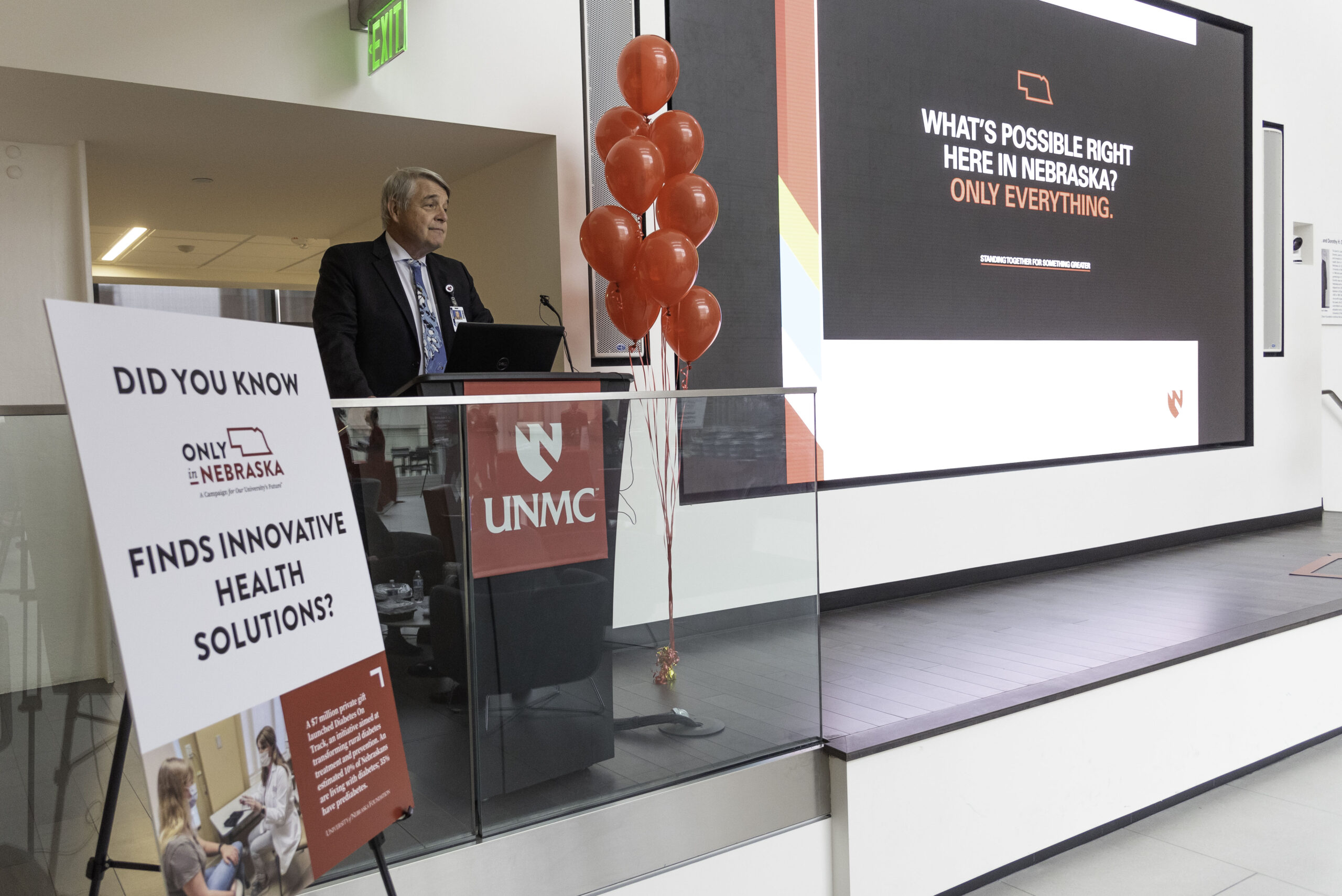 Nebraska Medicine CEO Jim Linder&comma; MD&comma; co-chair of the med center&apos;s Only in Nebraska fundraising campaign along with his wife&comma; Karen&comma; speaks at the kickoff rally for the drive on Thursday&period;