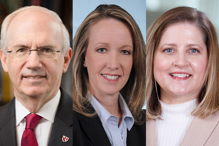 Chancellor Jeffrey P&period; Gold&comma; MD&comma; Anne Barnes&comma; vice chancellor of business&comma; finance and business development&comma; and Jane Meza&comma; PhD&comma; interim executive director for the Office of Health Security