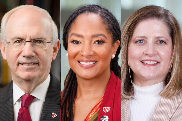 UNMC Chancellor Jeffrey P&period; Gold&comma; MD&comma; Sheritta Strong&comma; MD&comma; assistant vice chancellor of inclusion&comma; and Jane Meza&comma; PhD&comma; interim executive director for the Office of Health Security