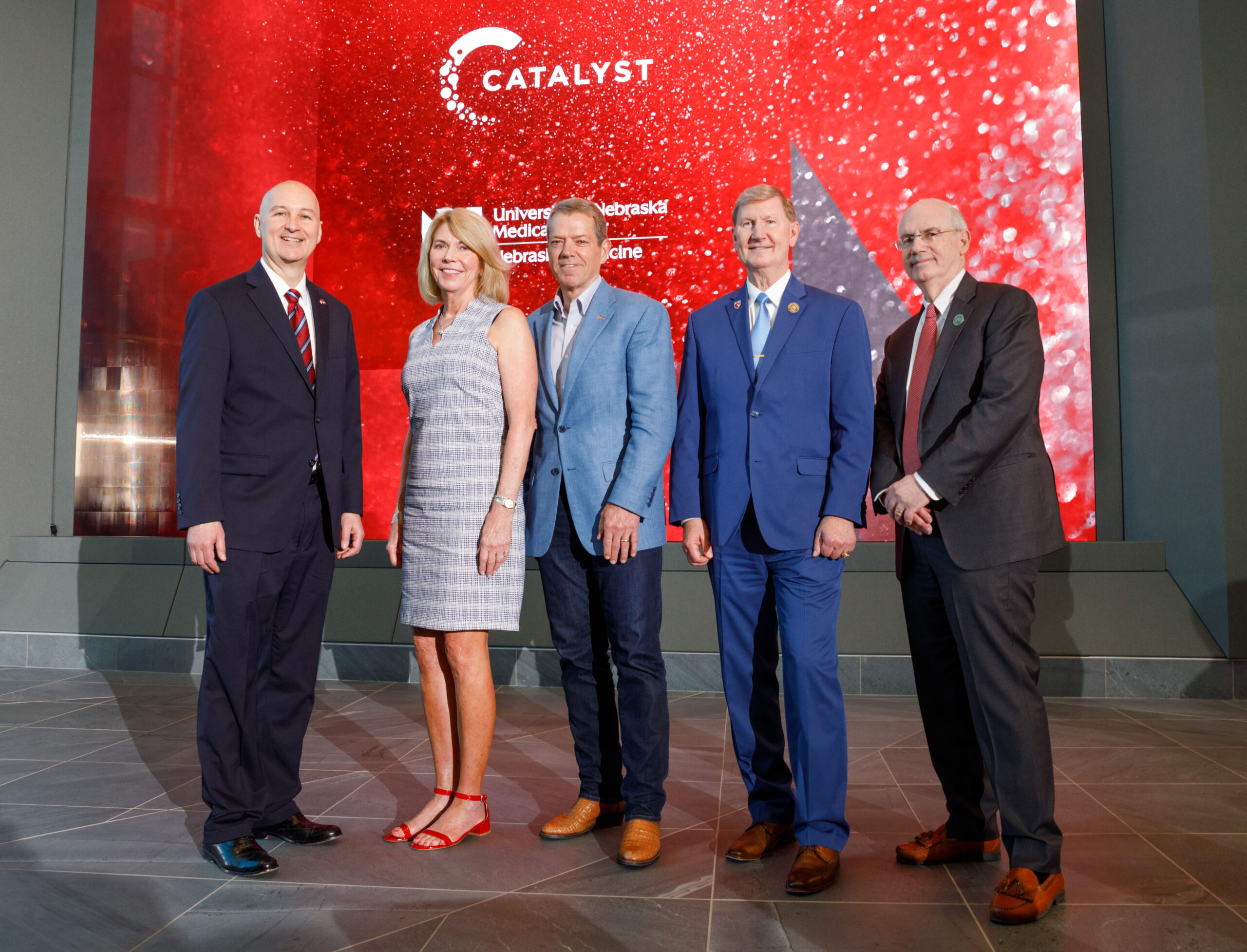 From left&comma; U&period;S&period; Sen&period; Pete Ricketts&comma; Omaha Mayor Jean Stothert&comma; Nebraska Gov&period; Jim Pillen&comma; University of Nebraska President Ted Carter and UNMC Chancellor Jeffrey P&period; Gold&comma; MD&comma; at the event