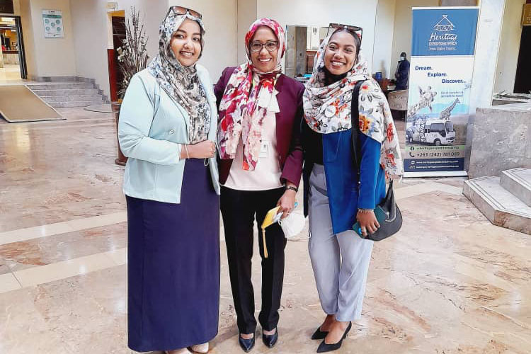 From left&comma; Hadeel Mohamed&comma; MBBS&comma; who recently ran a clinic in Sudan&comma; UNMC’s Nada Fadul&comma; MD&comma; and Abrar Alaliem&comma; president of SuDRO-Sudan