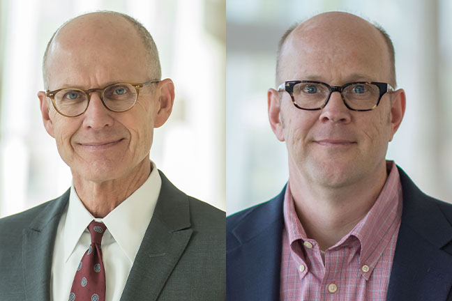 Keith Olsen&comma; PharmD&comma; the Joseph D&period; Williams Endowed Dean of the UNMC College of Pharmacy&comma; and Corey Hopkins&comma; PhD&comma; professor of pharmaceutical sciences and inaugural director of the Center for Drug Design and Innovation