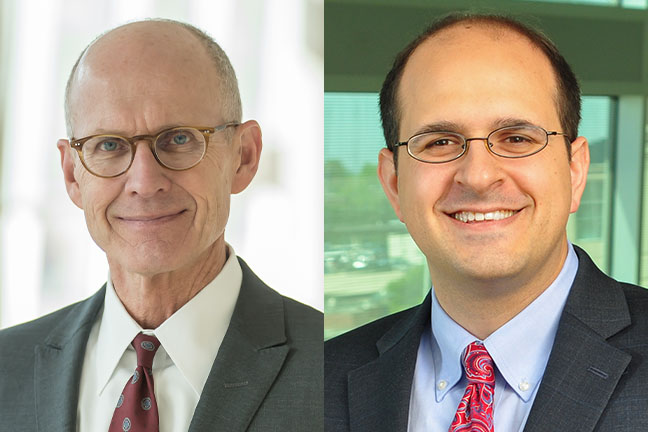 Keith Olsen&comma; PharmD&comma; Joseph D&period; Williams Endowed Dean of the UNMC College of Pharmacy&comma; and Aaron Mohs&comma; PhD&comma; the college’s associate dean for research and graduate studies