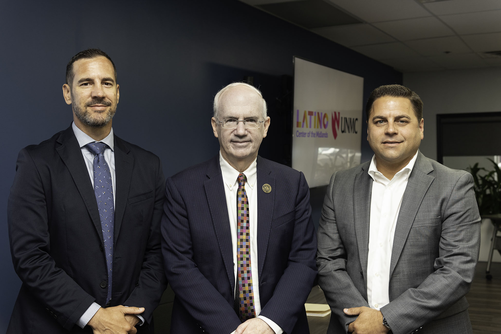 From left&comma; Albert Varas&comma; president and CEO of Latino Center of the Midlands&comma; UNMC Chancellor Jeffrey P&period; Gold&comma; MD&comma; and Emiliano Lerda&comma; co-founder of co-warehousing and community space Elevator&period; Varas is a UNMC board of counselor member&comma; and Lerda is board chair&period;