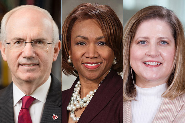 UNMC Chancellor Jeffrey P&period; Gold&comma; MD&comma; UNMC College of Nursing Dean Lepaine Sharp-McHenry&comma; DNP&comma; and Jane Meza&comma; PhD&comma; associate vice chancellor for academic affairs&comma; global engagement and strategic planning